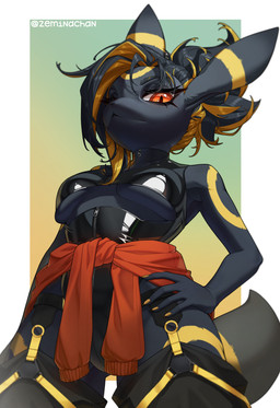 anthro anthrofied belt black_body black_bodysuit black_clothing black_fur black_hair black_latex black_skinsuit bodysuit breast_squish breasts cleavage_cutout clothed clothed_anthro clothed_female clothing clothing_around_waist cutout eyebrows eyelashes female female_anthro fur glistening glistening_eyes gradient_background hair hand_on_hip jacket_around_waist latex latex_bodysuit latex_clothing latex_skinsuit long_eyelashes looking_at_viewer low-angle_view makeup markings mascara messy_hair multicolored_hair red_eyes simple_background skinsuit small_breasts solo squish standing straps text tight_clothing two_tone_hair under_boob wide_hips yellow_markings zipper zeminachan nintendo pokemon eeveelution generation_2_pokemon pokemon_(species) umbreon 2026 absurd_res artist_name digital_drawing_(artwork) digital_media_(artwork) hi_res portrait signature three-quarter_portrait
