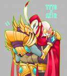 anthro blue_eyes cloak clothed clothing feathers fur hug male red_eyes simple_background white_body white_fur mbvgfw1108 gigantic league_of_legends riot_games tencent azir_(lol) fang_(gigantic) tyto_the_swift_(gigantic) avian bird mammal mouse murid murine rodent 2016 crossover digital_media_(artwork)