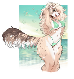anthro bikini breasts brown_body brown_fur clothing cloud female fur green_bikini green_clothing green_swimwear hand_behind_head navel nipple_outline outside smile solo swimwear tail two-piece_swimsuit water sweetburn canid canine canis collie domestic_dog herding_dog mammal pastoral_dog sheepdog 2026 digital_media_(artwork) hi_res