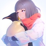 ambiguous_gender clothed clothing duo female feral gloves grey_hair hair handwear hug hugging_another hugging_from_behind purple_eyes quadruped red_scarf scarf simple_background white_background kuvshinov-ilya avian bird emperor_penguin human mammal penguin 1:1