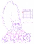 acorn anthro buckteeth calendar clothed clothing ear_tuft female food fruit fur hair multi-word_onomatopoeia november_(month) nut_(fruit) onomatopoeia open_mouth plant solo sound_effects teeth text tuft oonami no_nut_november ami_(oonami) eurasian_red_squirrel mammal rodent sciurid tree_squirrel 2022 english_text hi_res meme monochrome purple_and_white sketch