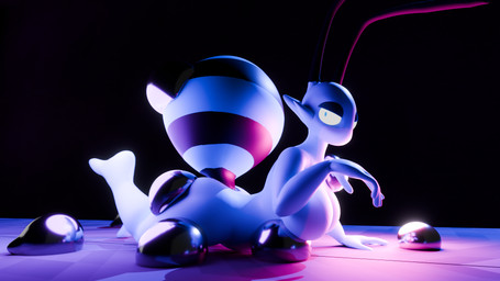antennae_(anatomy) anthro arthropod_abdomen big_breasts black_body black_latex breasts exposure_variation featureless_breasts female kronos_unveiled latex liquid_latex lying multicolored_body nude nude_anthro nude_female on_front purple_body solo teal_eyes two_tone_body rem_phase disney pixar the_incredibles n-2_rem arthropod bee hymenopteran insect 16:9 2025 3d_(artwork) digital_media_(artwork) hi_res widescreen