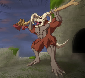 3_fingers 4_toes abs anthro axe biceps bone bone_tail brown_body brown_fur castle claws cobblestone featureless_crotch feet fingers fur grey_body grey_skin horn lifting male muscular muscular_anthro muscular_male open_mouth pecs screaming segmented_tail skull skull_head solo tail toe_claws toes tongue yellow_eyes kurenai_(artist) dark_souls fromsoftware demon taurus_demon absurd_res hi_res
