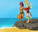 3_toes 4_ears anthro beach black_eyes blue_eyes clothed clothing duo feet female fur hair male multi_ear orange_body orange_fur purple_hair rock sand seaside summer tan_body tan_fur toes water lodi_(artist) firepawdacat lodi_(character) felid lagomorph leporid mammal rabbit absurd_res hi_res