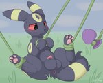 animal_genitalia anus balls bdsm black_body black_fur blush blush_lines bondage bound buttplug feral fur genitals grass male paws plant plug_(sex_toy) red_eyes sex_toy sheath solo vines gooeythings nintendo pokemon eeveelution generation_2_pokemon pokemon_(species) umbreon hi_res