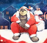 anthro belly black_body black_nose christmas_clothing christmas_headwear clothing detailed_background hat headgear headwear holidays kemono male moobs night nipples outside overweight overweight_male santa_hat sitting snow snowing solo ginnosuke christmas santa_claus bear mammal 2022 absurd_res hi_res