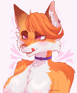 anthro areola big_breasts blush breasts brown_markings collar collar_only ear_piercing eyelashes female fur hair licking licking_lips markings multicolored_body multicolored_fur nipples nude open_mouth orange_body orange_fur orange_hair piercing pink_areola pink_nipples purple_collar short_hair solo tongue tongue_out white_body white_fur foxiven canid canine fox mammal absurd_res hi_res