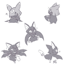 anthro black_body black_fur blush cowl disembodied_hand embarrassed flapping fur male pupils question_mark sharp_teeth smile teeth tickling unusual_pupils wings nekostar bandai_namco digimon digimon_beatbreak bat chiropmon digimon_(species) human mammal 1:1 hi_res multiple_scenes