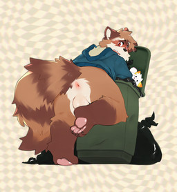anthro anus backsack bag balls blush brown_body butt caught_in_the_act caught_off_guard clothing fluffy fluffy_tail genitals jacket looking_at_viewer male nude pattern_background pawpads paws plushie red_eyes simple_background solo surprised tail topwear trash trash_bag trash_can shockstk maple_(saarteco) saarteco mammal procyonid raccoon hi_res