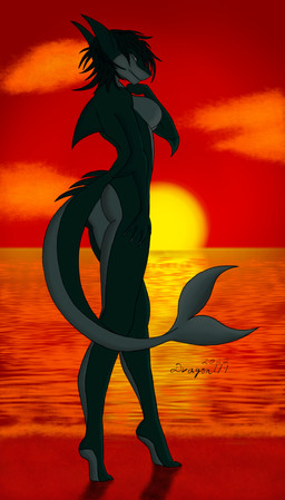 anthro beach breasts butt cloud featureless_breasts female nude sand sea seaside side_boob solo sun sunset tiptoes water dragon171 aquatic fish shark absurd_res hi_res