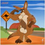 1:1 2015 aaron_(artist) abs anthro athletic balls bicep_curl biceps big_balls big_muscles big_penis biped border brown_body brown_fur brown_nipples brown_penis caution_sign claws clothing crossing_sign erection eyebrow_piercing facial_piercing feet flexing flexing_bicep fur genital_piercing genitals green_eyes hat hat_only headgear headgear_only headwear headwear_only hi_res humanoid_genitalia humanoid_penis jewelry kangaroo looking_at_viewer macropod male mammal markings marsupial mostly_nude muscular muscular_anthro muscular_male necklace nipple_piercing nipples nude_anthro nude_male pecs penis penis_piercing piercing pink_nose pose prince_albert_piercing road smile solo spots standing tan_body tan_fur tattoo thick_penis toe_claws tooth_necklace vein white_balls white_border