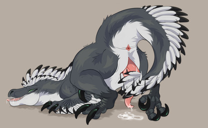 all_fours animal_genitalia anus autotailjob black_claws bodily_fluids claws cum erection feathers feral genital_fluids genital_slit genitals green_eyes grey_body grey_feathers male male_feral masturbation narrowed_eyes penis pink_anus pink_penis saliva sharp_teeth simple_background solo tail tail_around_penis tail_fetish tail_masturbation tail_play tapering_penis teeth tongue tongue_out white_body white_feathers owishka dinosaur dromaeosaurid feathered_dinosaur feathered_scalie prehistoric_species reptile saurischian scalie theropod hi_res