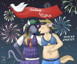 4_fingers ambiguous_gender anthro belt bra celebration clothing communism duo_focus ear_piercing ear_ring eyes_closed eyewear feathers female feral fingers fireworks fur glasses gloves_(marking) green_clothing green_hat green_headwear grey_body grey_fur group hair hammer_and_sickle hand_on_shoulder happy hat headgear headwear heart_symbol history jewelry kerchief markings multicolored_hair navel neckerchief necklace neckwear nose_to_nose piercing politics purple_clothing purple_topwear purple_vest red_kerchief red_neckerchief ring_piercing round_glasses shirt tail tan_body tan_fur text thin_tail topwear trio two_tone_hair underwear vest white_body white_clothing white_feathers white_shirt white_topwear soranotamashii avian bird canid canine canis columbid domestic_cat domestic_dog dove felid feline felis mammal 6:5 absurd_res artist_name digital_media_(artwork) hi_res portuguese_text russian_text