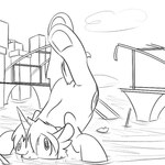 bridge building cutie_mark feral horn legs_up macro male outside spiral_eyes water goattrain hasbro my_little_pony mythology snap_feather equid equine mammal mythological_creature mythological_equine unicorn 1:1 2014 monochrome