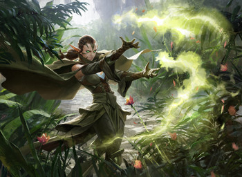 breasts brown_hair cape clothing facial_markings female flower forest gloves green_cape green_clothing hair handwear head_markings humanoid_pointy_ears jungle magic markings not_furry outside plant pointy_ears ponytail solo tree water wesley_burt hasbro magic:_the_gathering wizards_of_the_coast nissa_revane elf humanoid official_art