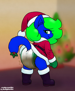anthro blurred_background boots butt christmas_clothing christmas_headwear christmas_tree clothed clothing costume diaper diaper_fetish diaper_under_clothing feces feces_blowout female footwear handwear hat headgear headwear holidays leaking_diaper leaning leaning_forward looking_back mistletoe mistletoe_on_tail mittens motion_lines narrowed_eyes plant pooping raised_tail rear_view santa_costume santa_hat shoes smile smiling_at_viewer smirk smirking_at_viewer soiled_diaper soiling solo tail tree unclean_diaper used_diaper wearing_diaper wetness_indicator rocky-marbles christmas callie_marbles felid feline mammal hi_res