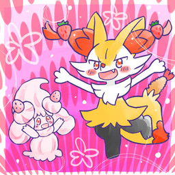ambiguous_anthro ambiguous_gender anthro biped blush blush_stickers cute_fangs digitigrade dipstick_tail duo fangs food front_view fruit looking_at_viewer markings matching_outfits object_in_tail on_one_leg open_mouth open_smile plant raised_arms shrimp_(food) simple_background smile snout standing strawberry tail tail_markings teeth annyui0611 nintendo pokemon alcremie braixen canid generation_6_pokemon generation_8_pokemon mammal pokemon_(species) strawberry_sweet_alcremie vanilla_cream_alcremie 1:1 2024 digital_drawing_(artwork) digital_media_(artwork) full-length_portrait hi_res japanese_description portrait translated_description