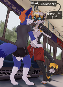 3_toes anthro barefoot barely_visible_genitalia barely_visible_pawpads barely_visible_penis blue_pawpads claws clothed clothing digit_ring digitigrade duo feet finger_claws genitals grope jewelry male male/male pawpads paws penis penis_base public_transportation ring toe_claws toe_ring toes topless topless_male train vehicle yellow_pawpads pawprincess affax canid canine cheetah felid feline fox mammal true_fox absurd_res hi_res