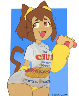 anthro breasts brown_hair clothing female food hair holding_food holding_object hot_dog open_mouth open_smile oversized_clothing pear-shaped_figure shirt smile snaggle_tooth solo tail text text_on_clothing thick_thighs topwear whiskers wide_hips peanutman243 gameoverse glitch_productions kit_bodega domestic_cat felid feline felis mammal artist_name english_description english_text hi_res signature