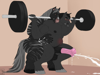 abdominal_bulge anal anal_penetration animal_genitalia animal_penis anthro balls barbell barbell_squats biceps blush bodily_fluids crouching cum cumshot duo ejaculation equine_genitalia equine_penis erection exercise genital_fluids genitals hooves male male/male manly musclegut muscular muscular_male navel navel_piercing nipples nude pecs penetration penile penile_penetration penis penis_in_ass piercing red_eyes sex sexercise squats sweat weightlifting workout elbestia equid equine horse mammal 4:3