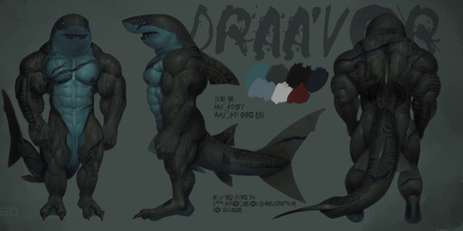 abs animal_genitalia anthro back_muscles biceps big_muscles black_body black_skin blue_body blue_eyes blue_skin butt claspers claws dark dorsal_fin fin front_view genitals male muscular muscular_anthro muscular_male navel nipples non-mammal_nipples nude ocular_prosthetic open_mouth pecs prosthetic rear_view scar shark_tail side_view solo standing tattoo teeth text vein megalodon_(artist) draa'vor aquatic fish shark absurd_res english_text hi_res model_sheet