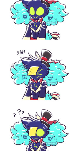 3_panel_comic anthro blue_body blue_clothing blue_feathers blue_shirt blue_topwear bodily_fluids cheese choker clothing dairy_products empty_eyes feather_hair feathers food green_eyes hat headgear headwear heart_choker hit_in_face jewelry male necklace pseudo_hair question_mark shirt silly simple_background smile solo sweat tail tail_feathers text top_hat topwear white_background young norithelord cheese_slap hellaverse helluva_boss asmodeus_(helluva_boss) avian avian_demon bird chicken demon galliform phasianid 2023 absurd_res artist_name comic half-length_portrait hi_res meme portrait watermark