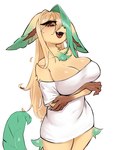 anthro azuu big_breasts breasts brown_body brown_fur claws cleavage clothed clothing eeveelution female finger_claws fur generation_4_pokemon hi_res leafeon looking_at_viewer nintendo open_mouth pokemon pokemon_(species) shirt shut-in_leafeon_(azuu) simple_background solo topwear