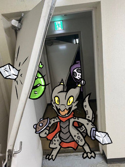 ambiguous_gender anthro biped bone cape clothed clothing door exit_sign eyelashes green_body group holding_melee_weapon holding_object holding_sword holding_weapon looking_at_viewer melee_weapon open_mouth open_smile red_cape red_clothing skeleton smile standing sword tongue trio weapon rakkuguy coal_(rakkuguy) lime_(rakkuguy) shelley_(rakkuguy) animated_skeleton goo_creature kobold scalie undead 2024 hi_res
