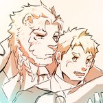 anthro blush braided_hair clothing duo hair male male/male necktie size_difference suit poteto02888292 lifewonders live_a_hero astosis male_operator protagonist_(live_a_hero) felid human lion mammal pantherine 1:1 hi_res line_art