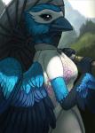 anthro asian_clothing avian beak bird blue_body blue_eyes blue_feathers blue_jay chinese_clothing chinese_dress clothing corvid detailed_background dress east_asian_clothing facial_markings feathers female head_markings holding_object jay_(bird) looking_at_viewer maggock markings mountain new_world_jay oscine outside passerine portrait solo umbrella wings
