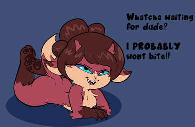 anthro fangs female horn pawpads paws question solo tail teeth text baebot pinecone_(baebot) canid canine fox mammal english_text