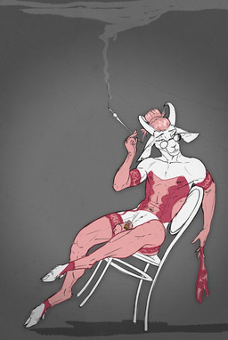 anthro biped bottomless chair chastity_cage chastity_device clothed clothing crossdressing digitigrade eyewear femboy furniture glasses hair hair_bun holding_clothing holding_object holding_underwear horn lingerie lock male narrowed_eyes navel nipples padlock pink_chastity_cage pink_clothing pink_hair pink_lingerie pink_underwear simple_background sitting smile smoking solo thong underwear mickey_the_retriever bovid caprine goat mammal 2018 hi_res