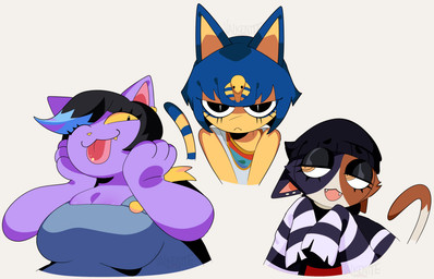 :< anthro beanie big_breasts black_hair blep blue_eyeliner blue_hair bob_cut breasts cleavage clothed clothing ear_piercing ear_ring ear_stud eyelashes eyeliner fangs female frown fur glare glaring_at_viewer grey_background group hair hand_on_cheek hat headgear headwear lidded_eyes looking_at_viewer makeup markings mascara narrowed_eyes one_eye_closed overalls oversized_sleeves overweight overweight_anthro overweight_female piercing playful purple_body ring_piercing shirt short_hair simple_background smile stare striped_markings striped_tail stripes tail tail_markings teeth tongue tongue_out topwear trio uraeus wink yellow_eyes yellow_sclera valkenite animal_crossing epic_games fortnite nintendo undertale_(series) ankha_(animal_crossing) catty_cattenheimer meow_skulls calico_cat domestic_cat felid feline felis mammal 2025 digital_drawing_(artwork) digital_media_(artwork) hi_res