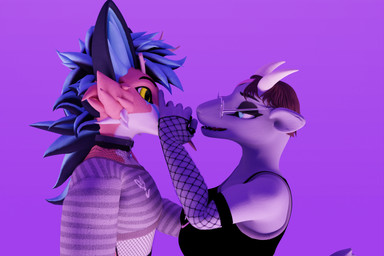 anthro antlers broken_antler clothed clothing collar duo eyewear female femboy fishnet_clothing glasses holding_snout horn looking_at_another male open_mouth simple_background text wings neo_nakamura rose_(rosethegoat) sany_van_fox bovid caprine goat lagomorph mammal wolpertinger 3:2 3d_(artwork) absurd_res digital_media_(artwork) english_text hi_res