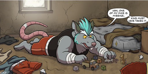 anthro bed biped blue_hair bottomwear butt clothing detailed_background dialogue fur furniture grey_body grey_fur hair humanoid_hands lying male pillow shirt shorts solo text topwear ilustratorlatin brok_the_investigator cowcat_games dart_(brok_the_investigator) mammal murid murine rat rodent 2026 absurd_res english_text hi_res