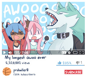 anthro awoo ball basketball_(ball) black_hair black_nose blue_body blue_fur blue_hair brown_body brown_fur clothed clothing collar electronics eyes_closed female fur group hair holding_object howl jacket long_hair microphone multicolored_body multicolored_fur multicolored_hair open_mouth pink_body pink_fur pink_hair text topwear white_body white_fur poptrt brand_new_animal studio_trigger youtube michiru_kagemori nazuna_hiwatashi shirou_ogami canid canine canis fox mammal raccoon_dog tanuki wolf 2020 absurd_res english_text hi_res
