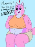 anthro arm_hair belly belly_fur belly_tuft bent_legs big_belly big_eyes body_hair chubby_cheeks clothing crop_top dialogue double_chin excited exclamation_point eyeliner female fist fur glistening glistening_eyes grey_body grey_fur inner_ear_fluff makeup monotone_background navel orange_clothing overweight overweight_female paws pink_body pink_fur pink_nose pink_tongue purple_body purple_fur shirt simple_background sitting solo sparkles sparkling_eyes straining_clothing striped_body stripes tail tan_clothing tank_top text thick_thighs tight_clothing tongue topwear tuft wide_hips mamafoxtrot mayternity mayternity_2025 aria_(mamafoxtrot) canid canine canis domestic_dog fox hybrid mammal procyonid raccoon wolf 3:4 absurd_res flat_colors hi_res watermark