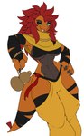 anthro arm_wraps bra breasts claws clothing female front_view hair hands_on_hips legwear neckwear non-mammal_breasts open_mouth orange_body orange_scales red_hair scales simple_background small_waist solo tail tail_wraps thigh_highs underwear wraps tattoorexy nintendo pokemon generation_5_pokemon pokemon_(species) scrafty hi_res