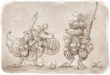 4_toes 5_fingers biped clothed clothing duo egg feet fingers hat headgear headwear humanoid_hands melee_weapon shield sword toes weapon tyrie mammal murid murine rat rodent 2022