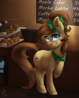 accessory blue_eyes bow_(feature) bow_accessory bow_ribbon bread brown_body brown_fur brown_hair croissant cutie_mark detailed_background eyelashes female feral food fur hair hair_accessory hair_bow hair_ribbon hooves inside looking_at_viewer muffin pastry ribbons smile solo standing text silentwulv hasbro my_little_pony fan_character mocha_latte_(ardail) earth_pony equid equine horse mammal pony 4:5 english_text
