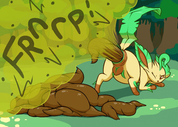 animal_genitalia animal_vulva anus brown_body brown_eyes brown_fur brown_paws canine_genitalia canine_vulva excessive_feces fart fart_cloud fart_fetish feces feces_on_ground feces_pile female female_farting female_pooping feral forest fur genitals green_body green_ears green_fart_cloud green_tail hyper hyper_fart hyper_feces hyper_feces_pile leaf leaf_ears leaf_tail leg_markings markings one_eye_closed onomatopoeia plant raised_tail scatplay socks_(marking) solo sound_effects tail tan_body tan_fur text tree vulva that yowesephth nintendo pokemon eeveelution generation_4_pokemon leafeon pokemon_(species) 2017