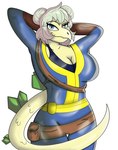 anthro big_breasts breasts clothed clothing cosplay costume female green_hair hair looking_at_viewer simple_background smile snout solo spikes spikes_(anatomy) tail topwear vault-tec_logo vault_suit itzimiau cavemanon_studios fallout goodbye_volcano_high microsoft snoot_game stella_(gvh_beta) vault_boy dinosaur ornithischian prehistoric_species reptile scalie stegosaurian stegosaurus thyreophoran absurd_res digital_media_(artwork) hi_res