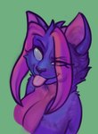 2021 absurd_res anthro blep breasts cheek_tuft cleavage clothed clothing diadorin domestic_cat facial_tuft felid feline felis female fur green_background hi_res looking_at_viewer mammal multicolored_body multicolored_fur no_pupils purple_body purple_fur simple_background smile solo tongue tongue_out trpc_(felisrandomis) tuft turkish_angora two_tone_body two_tone_fur