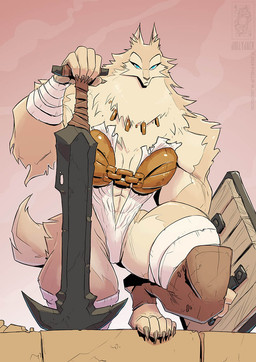 abs anthro arm_wraps armor blue_eyes breasts camel_toe chain claws cleavage clothed clothing female frown fur holding_object jewelry leg_wraps melee_weapon muscular muscular_anthro muscular_female necklace outside pink_background shield simple_background sky solo sword tan_body tan_fur weapon wood wood_shield wraps conditional_dnp jollyjack mythology canid canine mammal mythological_canine mythological_creature werecanid werecanine werecreature werewolf 2026