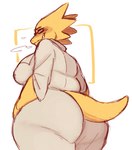 anthro big_breasts big_butt blush breasts breath butt clothed clothing coat eyewear female glasses grin hand_on_hip huge_butt lab_coat looking_at_viewer looking_back looking_back_at_viewer low-angle_view side_boob simple_background smile solo spiral_eyes topwear averrbaverr undertale_(series) alphys dinosaur prehistoric_species reptile scalie hi_res