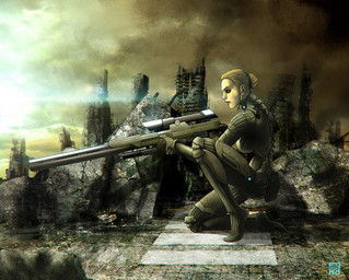 armor blonde_hair breasts female gun hair human_only kneeling not_furry outside ranged_weapon rifle ruins sniper sniper_rifle solo weapon sunamori human mammal grandfathered_content source_request