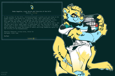 anal_fluids anthro anus blue_body bodily_fluids book book_stack clothed clothing cute_fangs description ear_piercing ear_ring eyewear fangs female fur gameplay_mechanics genital_fluids genitals glasses happy holding_object looking_at_viewer musk natural_eyeshadow pantsless paws piercing presenting presenting_anus presenting_vulva ring_piercing robe simple_background smile smiling_at_viewer solo tail teeth text vaginal_fluids vulva yellow_body stercore_murum caves_of_qud sheba_hagadias domestic_ferret mammal mustelid musteline true_musteline weasel artist_name digital_media_(artwork) english_text hi_res signature