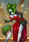 anthro breasts clothed clothing dress eyebrows eyelashes female fur green_eyes green_hair hair panties red_clothing red_dress smile solo underwear white_body white_fur dragonfu trix_avenda domestic_cat felid feline felis mammal 2021 digital_media_(artwork) hi_res