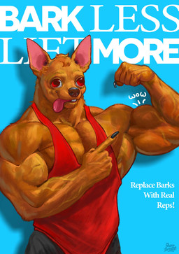 5_fingers anthro biceps bottomwear brown_body claws clothing finger_claws fingers flexing flexing_bicep gesture hand_gesture head_tuft male muscular muscular_male pants pecs pointing red_eyes shirt solo tank_top teeth text thick_neck tongue topwear trapezius tuft vein veiny_muscles shaneinvasion canid canine canis chihuahua domestic_dog mammal toy_dog cover english_text hi_res magazine_cover signature