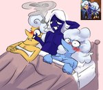 bed bedding blanket blush female furniture group male male/female smoking trio birbmabe deltarune i_love_when_ppl_draw_ships_like_this undertale_(series) elnina_(deltarune) lanino_(deltarune) rouxls_kaard bovid caprine darkner elemental_creature elemental_humanoid humanoid mammal sheep absurd_res hi_res meme tagme